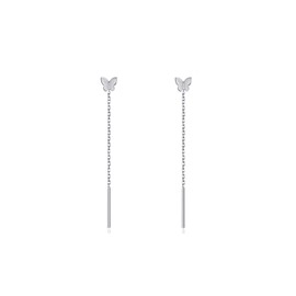 S.Leaf Threader Earrings Dangle Earrings Double Piercing Earrings Sterling Silver Thread Earrings for Women Heart/Butterfly/Circle Earrings (Butterfly_Silver)