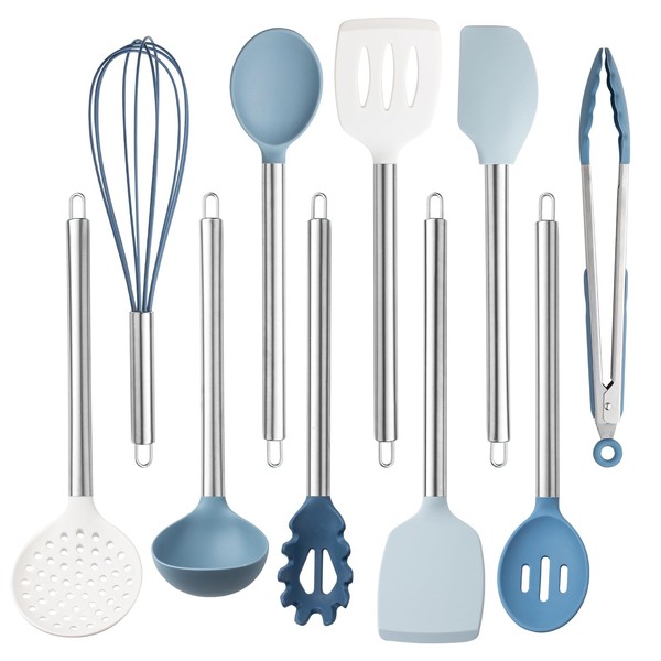 COOK WITH COLOR Silicone Cooking Utensils, 10 Pc Kitchen Utensil Set, Easy to Clean Silicone Kitchen Utensils, Cooking Utensils for Nonstick Cookware, Kitchen Gadgets Set (Blue and White)