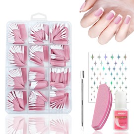 240 Pcs French Tip Square Short Fake Nails Set, Pink Glossy Press on Nails, White Tip Stick on Nails for Girls Women, Full Nail Art Kit with Glue and Tools 25