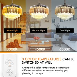 ONELLH Crystal Fandelier Ceiling Fan with Remote Control, 42" Retractable Chandelier Ceiling Fan with 3 Speed and 3 Color Light for Living Room Dining Room