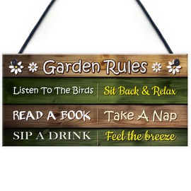 Red Ocean Garden Rules Sign - Funny Garden Signs and Plaques - Novelty Outdoor Garden Shed Plaques - Hanging Decoration Signs for Outside Outdoors - Home Decor Signs For Garden