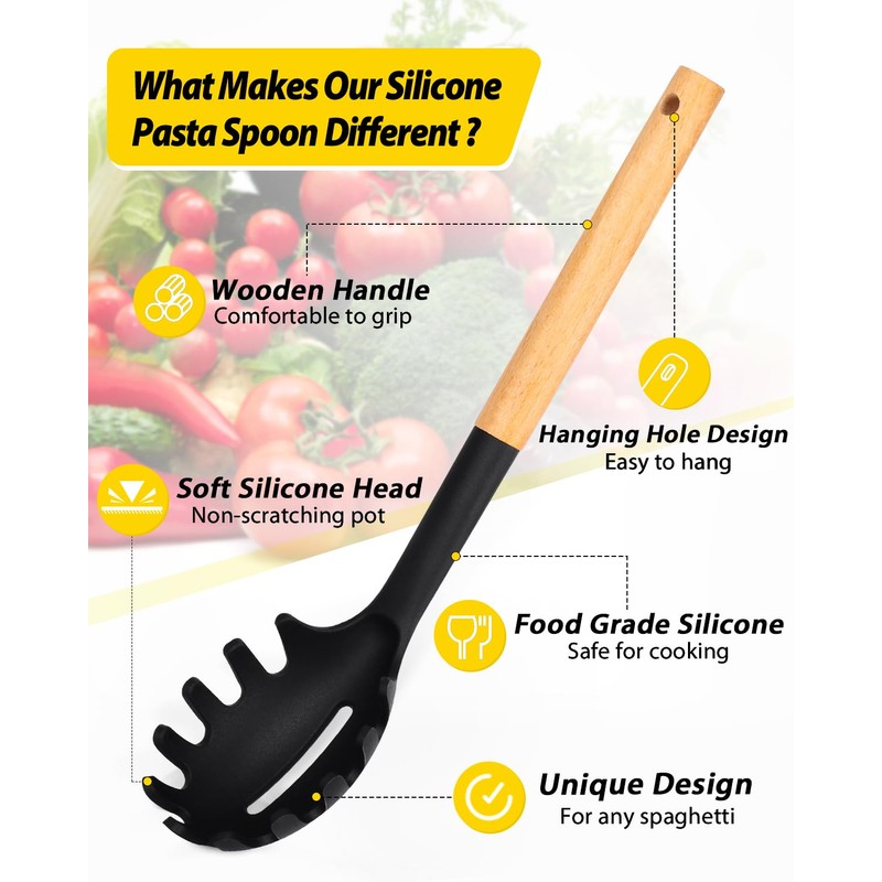 Pack of 2 Spaghetti Spoon, Silicone Pasta Fork with Wooden
