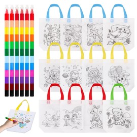 WEDAMOO 18 Pcs DIY Graffiti Bags Set, 12 Colouring Bags for Party Bags and 6 Stacking Crayons(12 Colours in 1), DIY Reusable Party Bags for Kids Birthday Christmas Gifts DIY Colour Bags