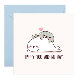 Cute Anniversary Card - 'Lazy Seal, Happy Me And You' - Romantic Gifts for Husband, Wife, Partner, Other Half, Couples, Girlfriend, Boyfriend - Valentines Day Present - Comes with Fun Stickers