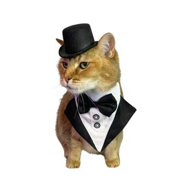 Cat Tuxedo and Top Hat Costume – Formal Wedding Outfit for Cats and Small Dogs, Black Pet Tux and Top Hat Set for Parties, Photos, and Special Occasions