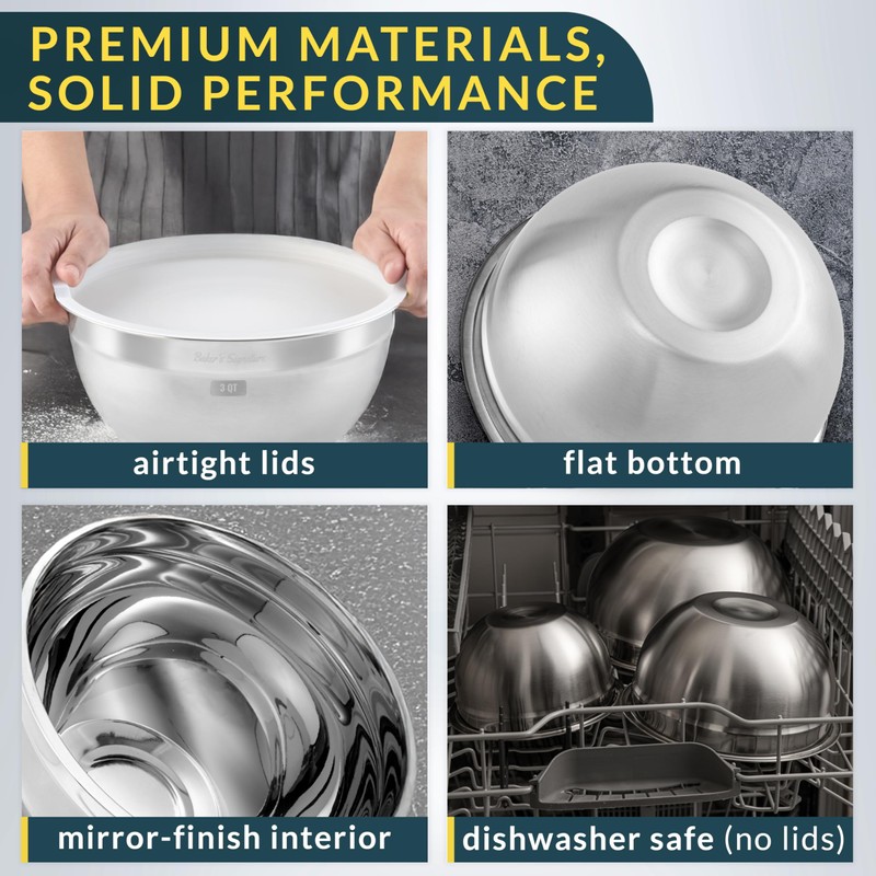 Baker's Signature Stainless Steel Mixing Bowls With Lid, Metal Mixing