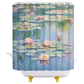 JEJOMEAG Oil Painting Water Lilies Lotus Shower Curtain Garden Fowers Floral Abstract Art Fabric Bathroom Decor Curtain with Hooks, 70Wx70H