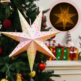 Christmas Star Paper Lantern 7 Pointed Star Paper Lantern with 10 LED Light String Hanging Pendant Lampshade Ornament for Weddings Holiday Birthday Home Decor 19.7 Inch(Classic,Holographic Rainbow)