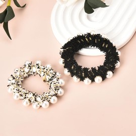 Pearl Hair Ties for Women Scrunchies for Thin Thick Hair Accessories Ponytail Holders No Damage No Crease Ouchless Hair Elastics Black White Hair Bead Rope 2Pcs Scrunchy Hair Band
