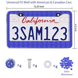Gioyonil 2 Pack License Plate Frames: Stainless Steel Handcrafted Sapphire Bling Rhinestone Car Plate Frame with 4pcs Crystal Screw Caps & 4pcs Washers
