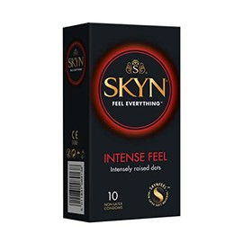 SKYN Intense Feel Condoms Pack of 10 SKYNFEEL Latex Free Condoms for Men, Regular Size Condoms, Thin Condoms, Ribbed and Dotted Straight Shape, Lubricated, 53mm Wide