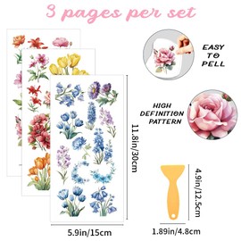 INFUNLY 3 Sheet Spring Flower Rub on Transfers 5.9x11.8 Vintage Floral Furniture Rub on Transfer Decals Retro Pink Yellow Blue Rub on Transfer Wildflower Sticker Waterproof for Wood Glass Home Decor