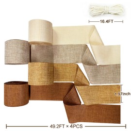 60M Brown Burlap Ribbon 50mm Wide Ribbons Cream Tan Brown Linen Fabric Ribbons Hanging Streamer Garland for Gift Wrapping Crafts DIY Hair Bow Birthday Wedding Baby Shower Boho Party Backdrop Decor