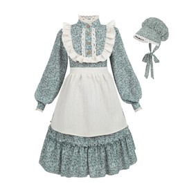 Nuoqi Prairie Dress Girls Colonial Pioneer Costume 1800s Victorian Dress for Girls 6-7, Blue