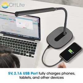 OttLite Strive LED Desk Lamp with USB Charging - ClearSun LED Technology - Adjustable & Flexible Neck, 3 Brightness Settings with Touch Activated Controls - Desk Lamp for Work, Study & Reading