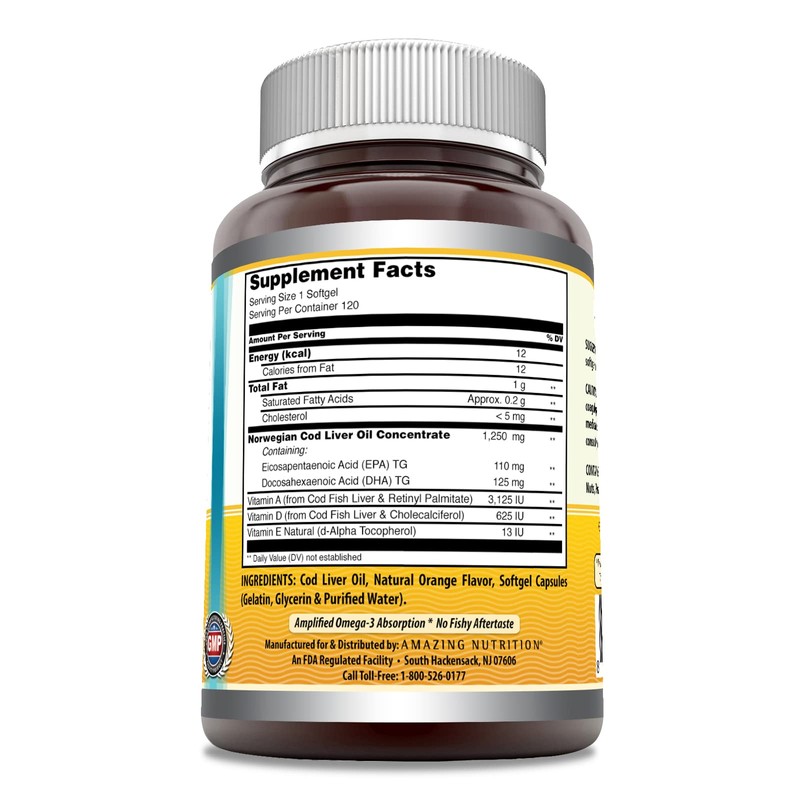 Amazing Omega Norwegian Cod Liver Oil 1250 mg 120 Softgels