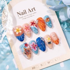 Uñas postizas medianas almendradas con diseño de tortuga y flor 3D, 30 unidades.