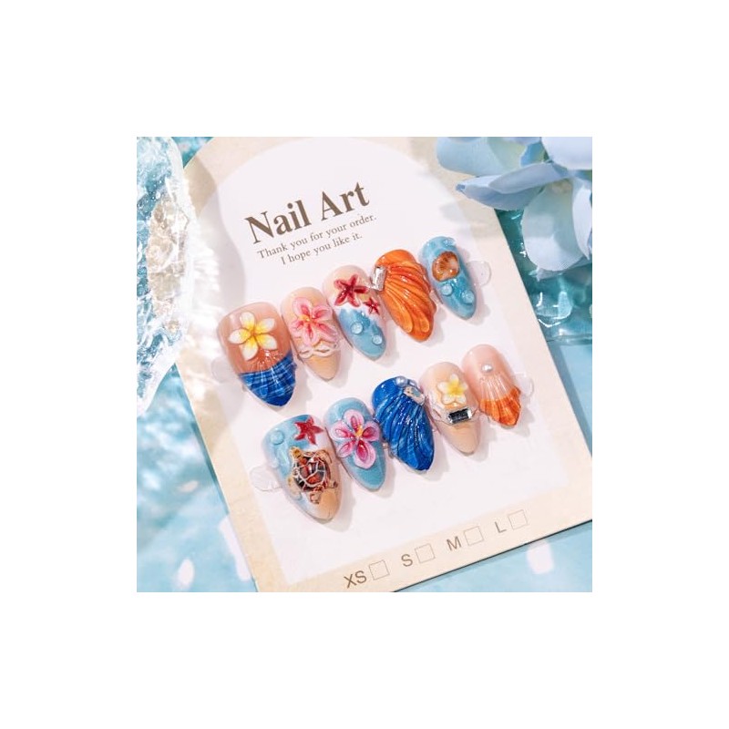 Uñas postizas medianas almendradas con diseño de tortuga y flor