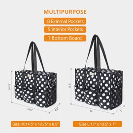 TOPDesign Utility Water Resistant Tote Bag with 13 Exterior & Interior Pockets, Top Zipper Closure & Thick Bottom Support, for Working Women, Teachers, Nurses, Accountants (Polka Dots)