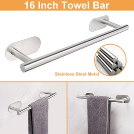 TocTen 6 Pieces Self Adhesive Towel Bar Set, Stainless Steel Bathroom Hardware Set Include Towel Rack, Towel Ring, Toilet Paper Holder, 3 Packs Towel Hook, No Drill Bath Accessory Kit(Brushed Nickel)