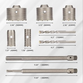 RENYU 9PCS Concrete Hole Saw Kit with SDS Plus & Max Shank, Tungsten Carbide Hole Saw Tool Set for Concrete, Cement, Bricks, Stone Walls, Drilling Set Size 30 40 65 80 100mm