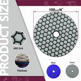 QUEFORET Diamond Polishing Pads Grit 50-8 Pieces Dry Polishing Discs 100 mm for Granite Marble Quartz Artificial Stone