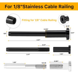 50 Pack 1/8" Black T316 Stainless Steel Invisible Cable Railing Kit，Swage Stud End for Deck, Stair, Wood & Metal Posts ，Black Cable Railing Hardware