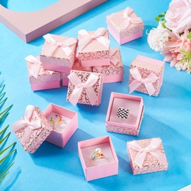 Cheriswelry 12Pcs Ring Gift Box Set with Bow 1.99"x 1.99" Jewelry Cardboard Case Pink Paper Box for Valentines Anniversary Weddings Birthdays Engagement
