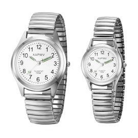 JewelryWe Pair of Watches Analogue Quartz Partner Friendship Wristwatch Elastic Metal Strap Ultra Thin Watch with Illuminating Hands Gift for Men Women Silver, Silver - Couple Watches, Minimalist