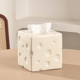 Ceramic Tissue Box Cover, Large Square Cheese-Shape Tissue Box Holder with Bottom, Decorative Tissue Box for Bedroom, Bathroom, Parlors, Office, Vanity, Kitchen Countertop, Desk, Beige