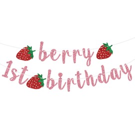 Berry 1st Birthday Banner, Miss Onederful, Sweet One, Happy 1st Birthday, Glittery Strawberry Theme 1st Birthday Party Decorations Supplies for Baby Girls(pink)