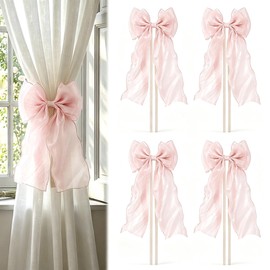PASDUCHAS 4 Pack French Silky Bow Curtain Tiebacks, Pink Ribbon Bow Ties for Aesthetic Home Decor, Wedding, Party, Office