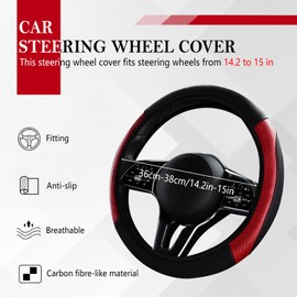 Huakaile Leather Car Steering Wheel Cover, Universal 14" 1/2-15" Steering Wheel Protector, Anti-Slip Steering Wheel Accessories for Women Men Truck Jeep (Red)
