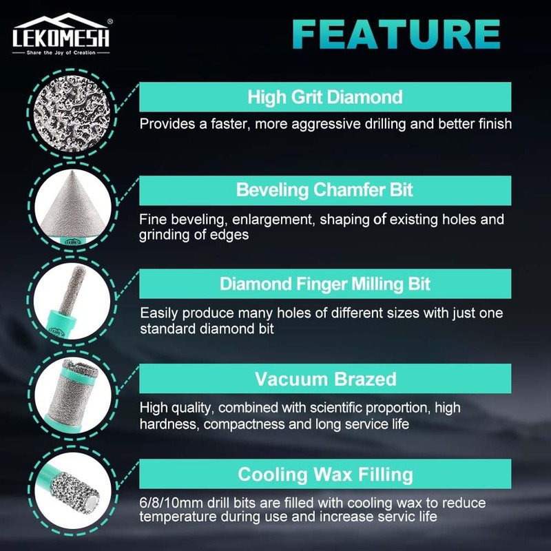 LEKOMESH Tile Hole Saw Kit for Porcelain - (6/8/10/35/50/65mm+Finger Bit+Drilling