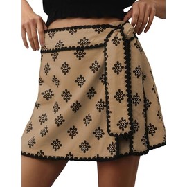 Tomosc Wrap Skirt for Women Casual Mini Skirt Knot Side Elastic Waist Bodycon Flowy Print Shorts (11W-Khaki-S)