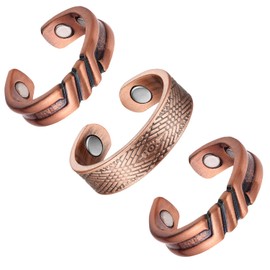 Fashtour 3 Copper Rings for Men, 99.9% Pure Copper Magnetic Rings, Vintage Pattern Adjustable Cuff Ring
