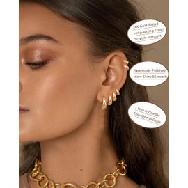 Finrezio 6Pairs Small Chunky Gold Hoop Earrings for Women 14K Gold Silver Huggie Hoops Earrings Hypoallergenic Small Hoop Earring Tiny Gold Trendy Thick Hoop Earrings Stacks for Sensitive Ears