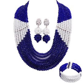 aczuv 8 Lines Statement Strand Necklaces Nigerian Wedding African Beads Jewelry Set Crystal Bridal Jewelry Sets (Royal Blue White)