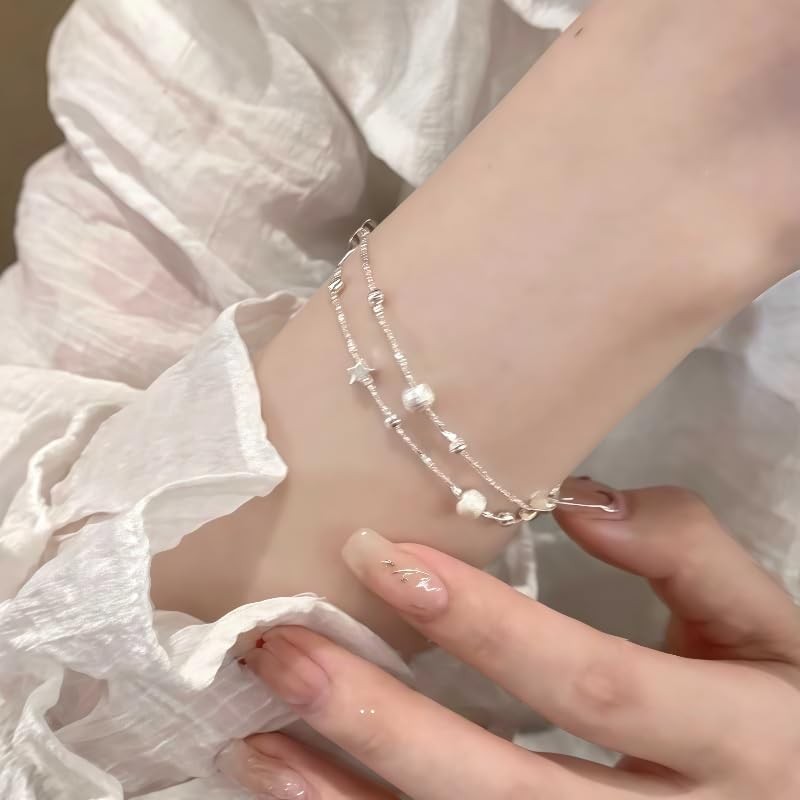 LTPSAHEZK Double Chain Bracelet with Star Pendant, 925 Silver Tone,
