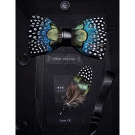 JEMYGINS Mens (Adjustable) Feather & Leather Bow Tie Handmade in Various Colours + Dominated Wooden Boxes White & Green & Blue Speckled, White & Green & Blue Speckled