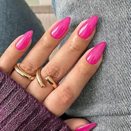 SXVME Hot Pink Press On Nails Almond - Acrylic Press On Nails Medium Stiletto, Opaque Solid Fushia Fake Nails with Glue, Fit Perfectly, Reusable Soft Gel Stick on Nails for Women, 24 Pcs