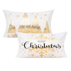 All Smiles 12X20 Lumbar Christmas White Gold Throw Pillow Covers Cases Set of 2 Cushion Covers Xmas Decorations Winter Navidad Indoor Home Décor Ornaments Velvet for Sofa Tree Snowflake Reindeer