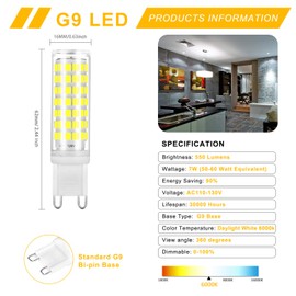 G9 LED Light Bulb 7W Dimmable 50W 60W Halogen Bulbs Equivalent Daylight White 6000k AC120V Lamp G9 Bi Pin Base, Non-Flicker, 360°Beam Angle, Pack of 6 Yuiip