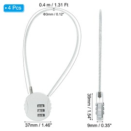 PATIKIL 4 Pack 3 Digit Combination Lock,Round Helmet Padlock Cable Lock Gym Locker Lock with 1.31Ft Flexible Security Steel Lock Wire for Bike Locker Travel Luggage, Silver
