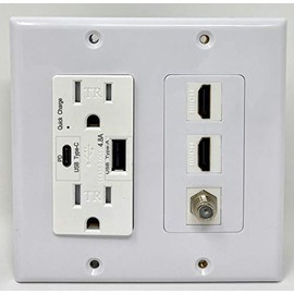 RiteAV USB Charger Outlet 15A/125V with USB Type-A/USB Type-C Charging Ports and 2 x HDMI 1 x Coax Cable Decorative White Wall Plate
