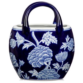 Ceramic Purse Vase for Flowers, Navy Blue and White Porcelain Vases for Centerpieces Decorative Small Handbag Vases for Flowers Pottery Chinoiserie Vase for Living Room Kitchen Dinner Table Shelf