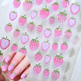 1 Sheets Pink Strawberry Nail Stickers for Nail Art 5D Embossed Fruit Nail Decals Self-Adhesive Summer Nail Decoration Holographic Laser Cute Strawberry Nail Art Stickers for Women Nails Designs