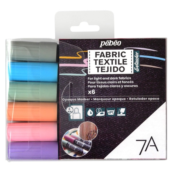 Pebeo Paint Marker for Cloths, Seta Markers, Draw on Dark Fabrics, Opaque, 4mm, Pastel Colors, Set of 6 Colors
