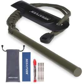 NESAYVER Fire Starter Survival Tool,5 x1/2 in Thick Round Ferro Rod Fire Striker Kit with Paracord Lanyard for Hiking, Camping, Emergency Flint and Steel Up to 20000 Strikes, Tinder Rope Green