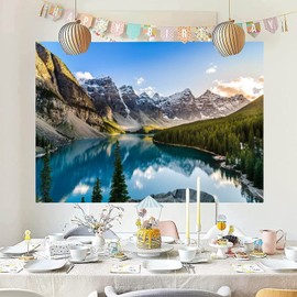CORFOTO Fabric 5x3ft Mountain Backdrop Theme Photography Rocky Mountains Lake Louise Glacier Lake Natural Scenery Baby Shower Birthday Party Bedroom Living Room Tapestry Portrait Photo Background